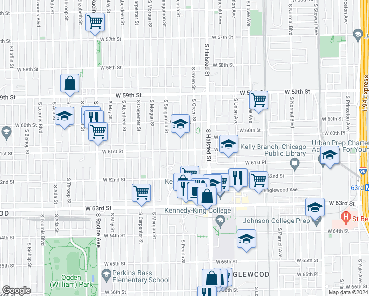 map of restaurants, bars, coffee shops, grocery stores, and more near 6036 South Green Street in Chicago