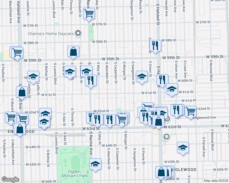 map of restaurants, bars, coffee shops, grocery stores, and more near 6034 South Carpenter Street in Chicago