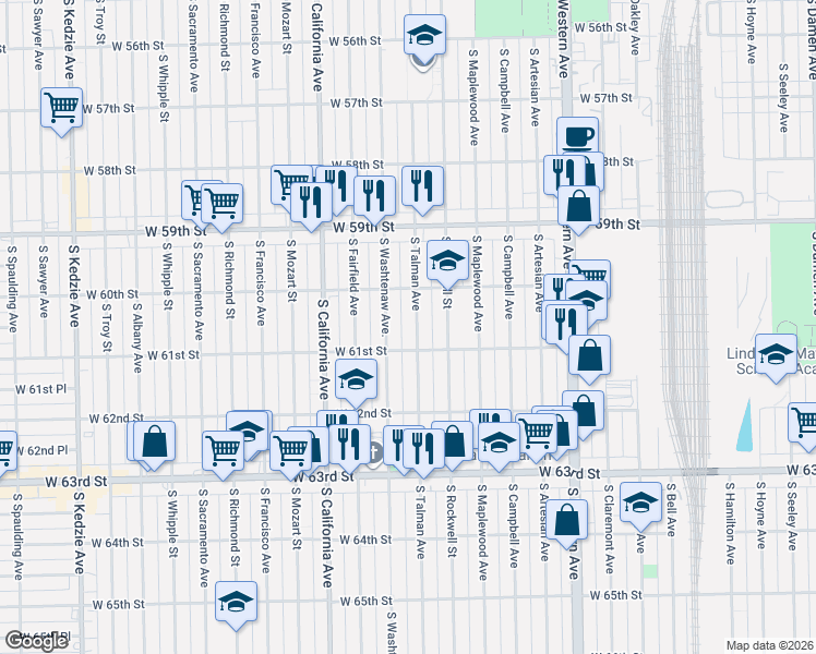 map of restaurants, bars, coffee shops, grocery stores, and more near 6018 South Talman Avenue in Chicago