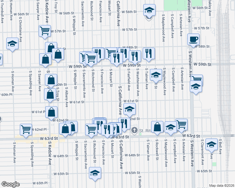 map of restaurants, bars, coffee shops, grocery stores, and more near 6017 South Mozart Street in Chicago