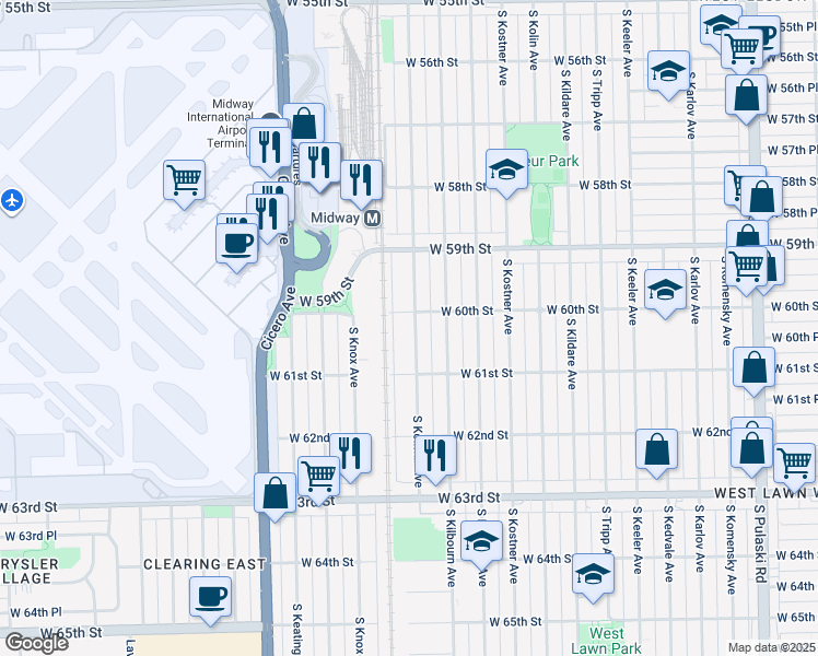 map of restaurants, bars, coffee shops, grocery stores, and more near 5952 South Kolmar Avenue in Chicago