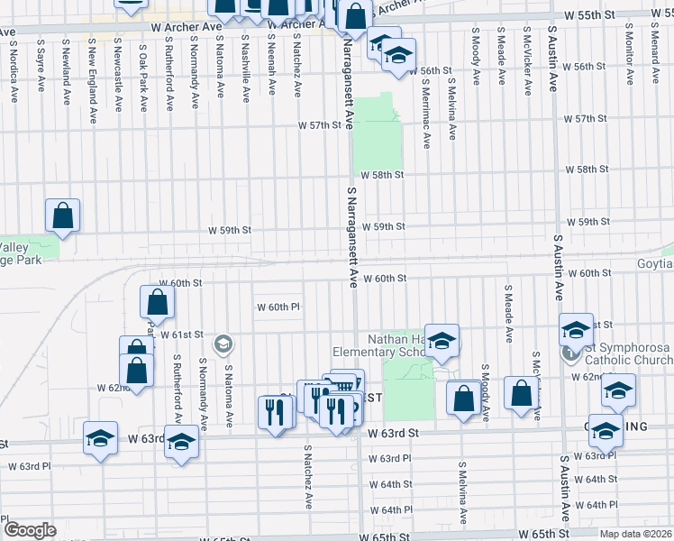 map of restaurants, bars, coffee shops, grocery stores, and more near 5930 South Nagle Avenue in Chicago