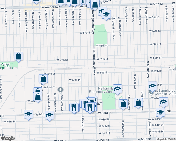 map of restaurants, bars, coffee shops, grocery stores, and more near 5930 South Nagle Avenue in Chicago