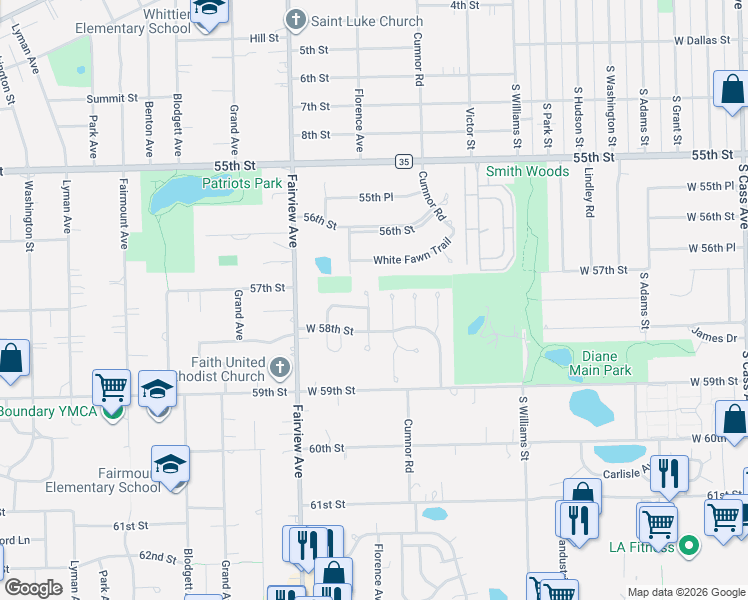 map of restaurants, bars, coffee shops, grocery stores, and more near 5716 Buck Court in Westmont