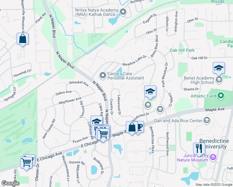 map of restaurants, bars, coffee shops, grocery stores, and more near 24W730 Blackstone Court in Naperville