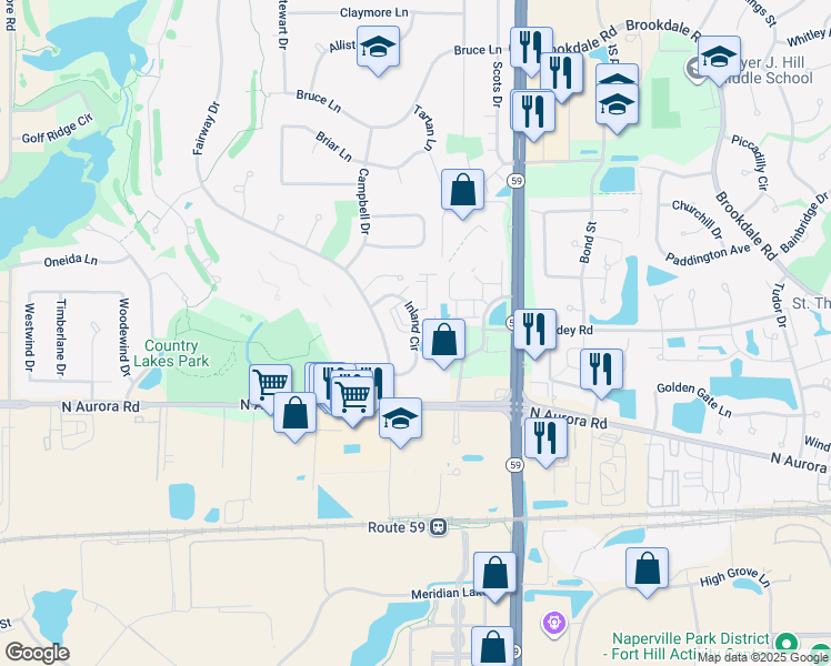 map of restaurants, bars, coffee shops, grocery stores, and more near 764 Inland Circle in Naperville