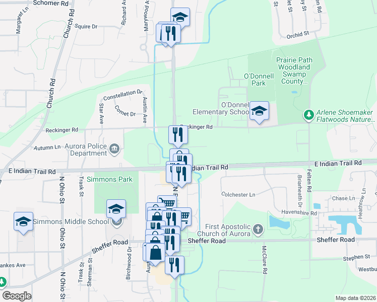 map of restaurants, bars, coffee shops, grocery stores, and more near 1430 Creek Avenue in Aurora