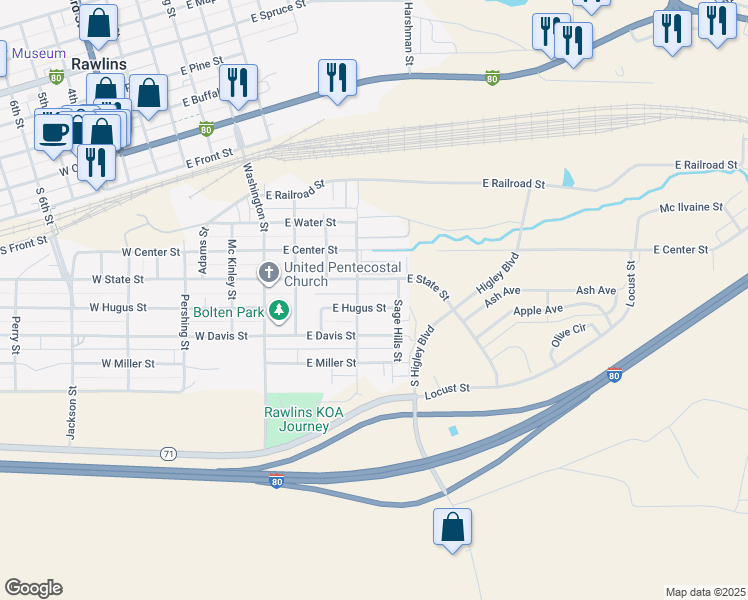 map of restaurants, bars, coffee shops, grocery stores, and more near 401-499 Monroe Street in Rawlins
