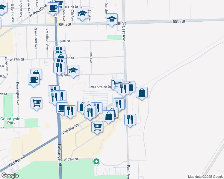 map of restaurants, bars, coffee shops, grocery stores, and more near 9709 West Lorraine Drive in Countryside