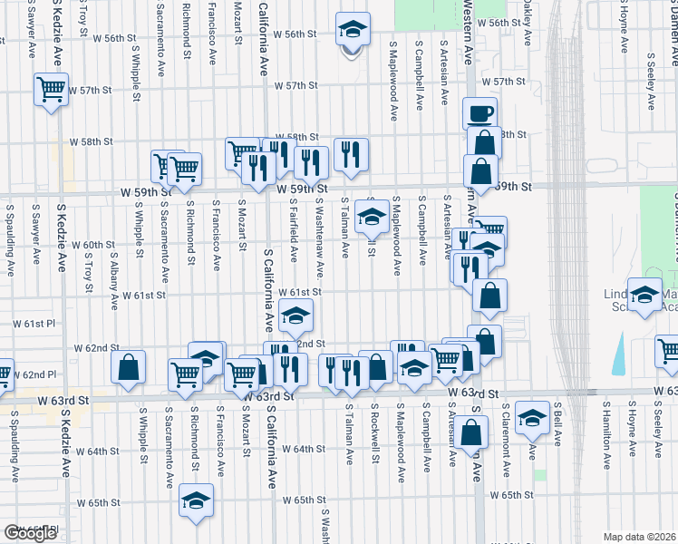 map of restaurants, bars, coffee shops, grocery stores, and more near 6018 South Talman Avenue in Chicago