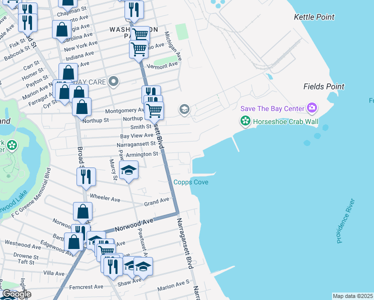 map of restaurants, bars, coffee shops, grocery stores, and more near 67 Armington Street in Cranston