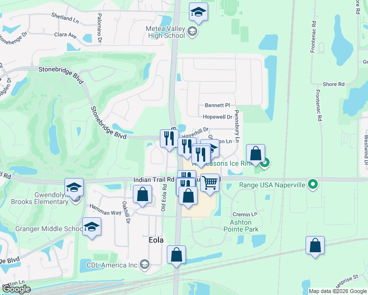 map of restaurants, bars, coffee shops, grocery stores, and more near 1288 Estling Court in Aurora