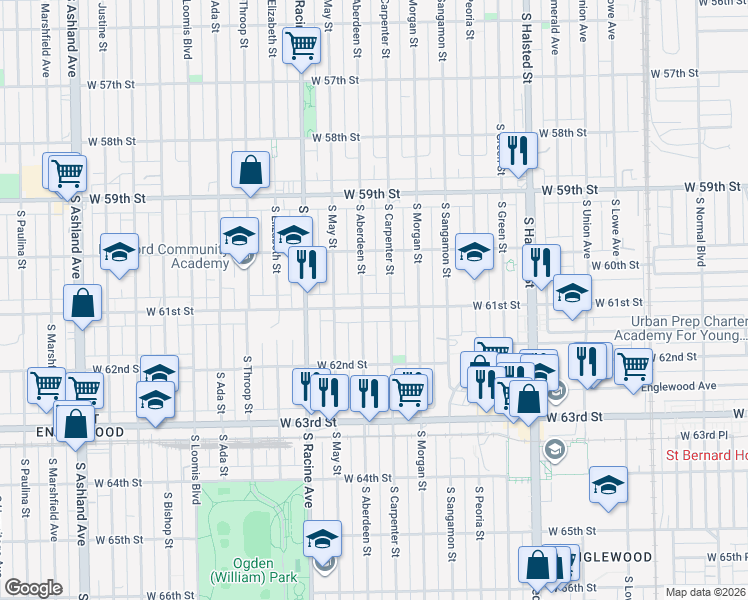 map of restaurants, bars, coffee shops, grocery stores, and more near 6034 South Carpenter Street in Chicago