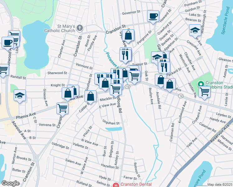 map of restaurants, bars, coffee shops, grocery stores, and more near in Cranston