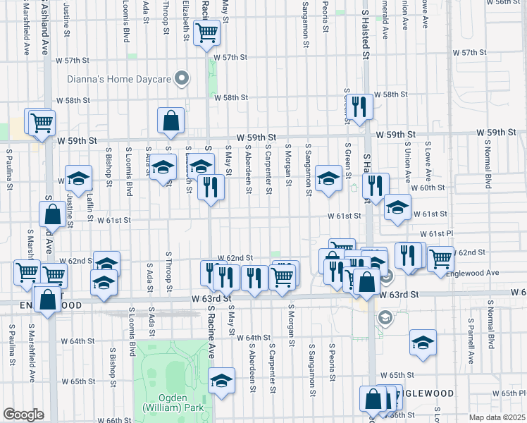 map of restaurants, bars, coffee shops, grocery stores, and more near 6034 South Carpenter Street in Chicago