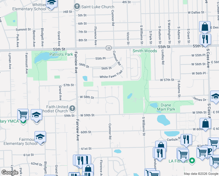 map of restaurants, bars, coffee shops, grocery stores, and more near 5719 Raintree Lane in Westmont