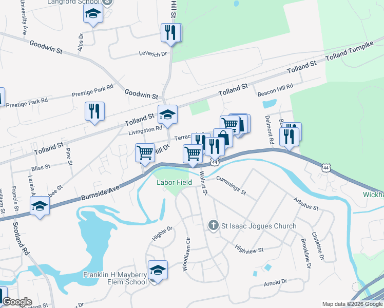 map of restaurants, bars, coffee shops, grocery stores, and more near 16 Bell Court in East Hartford