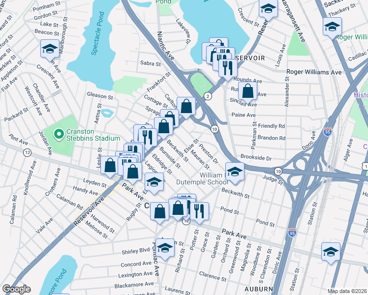 map of restaurants, bars, coffee shops, grocery stores, and more near 90 Preston Drive in Cranston