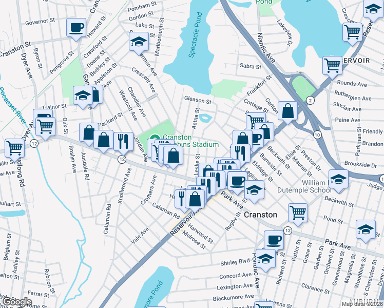 map of restaurants, bars, coffee shops, grocery stores, and more near 62 Grantland Road in Cranston