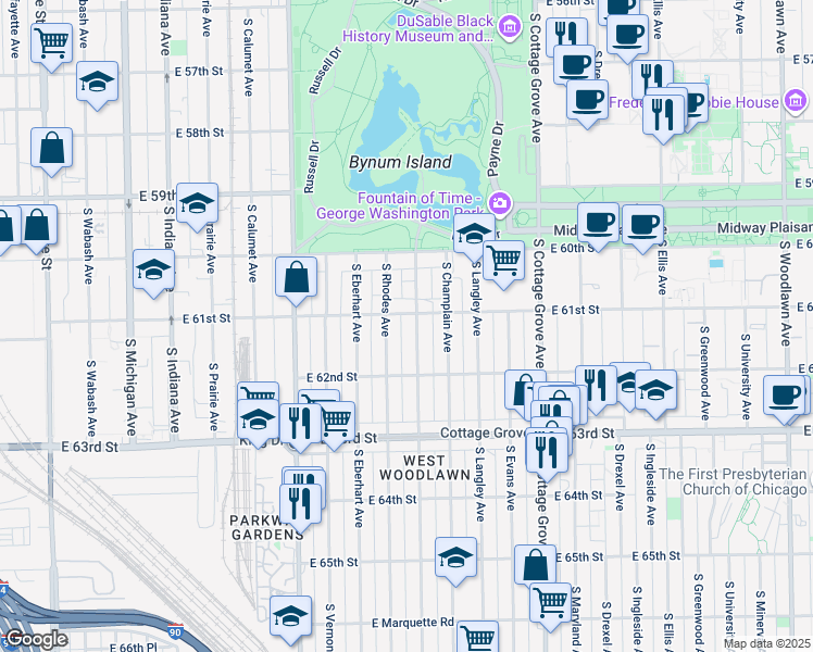 map of restaurants, bars, coffee shops, grocery stores, and more near 6105 South Rhodes Avenue in Chicago