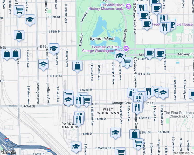 map of restaurants, bars, coffee shops, grocery stores, and more near 6105 South Rhodes Avenue in Chicago