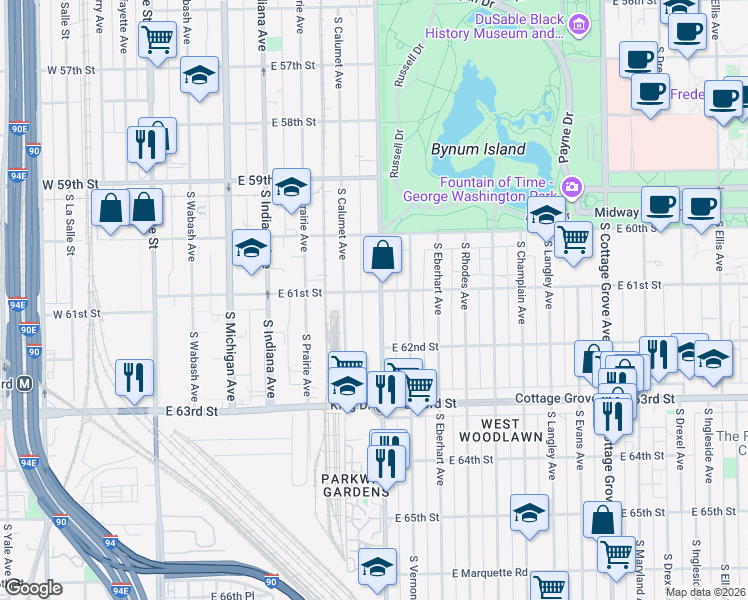 map of restaurants, bars, coffee shops, grocery stores, and more near 362 East 61st Street in Chicago