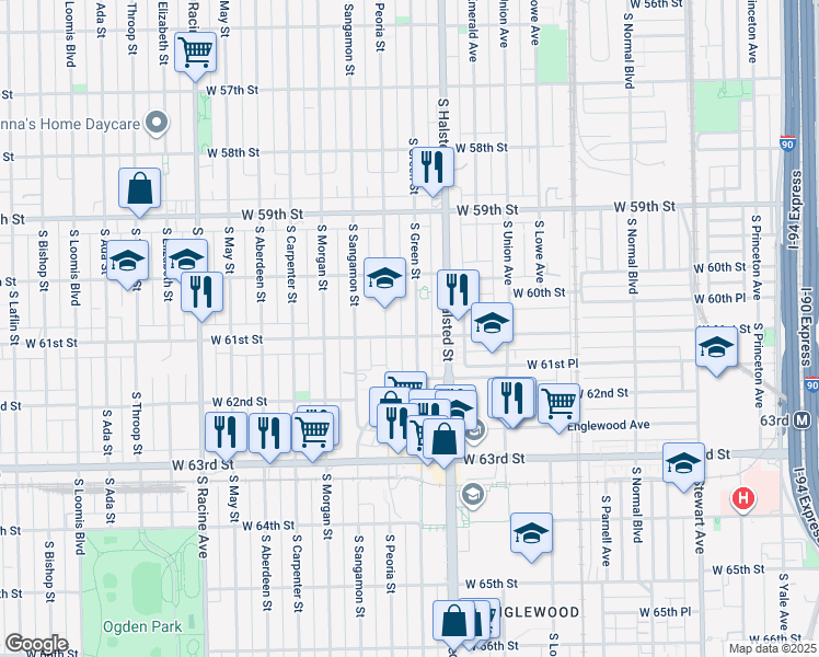 map of restaurants, bars, coffee shops, grocery stores, and more near 6036 South Green Street in Chicago