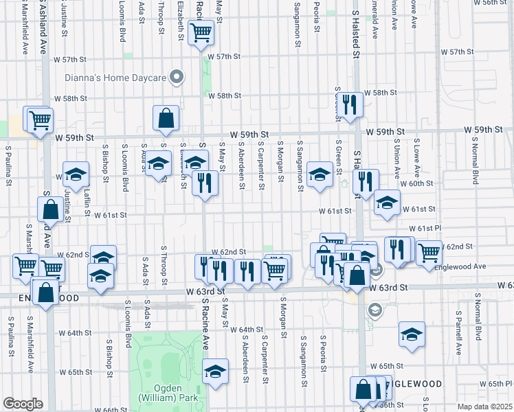 map of restaurants, bars, coffee shops, grocery stores, and more near 6034 South Carpenter Street in Chicago