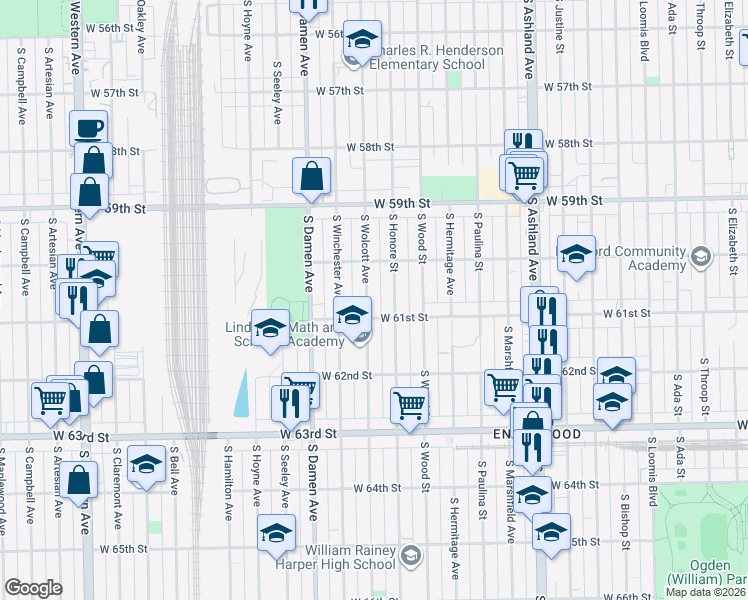 map of restaurants, bars, coffee shops, grocery stores, and more near 6028 South Wolcott Avenue in Chicago