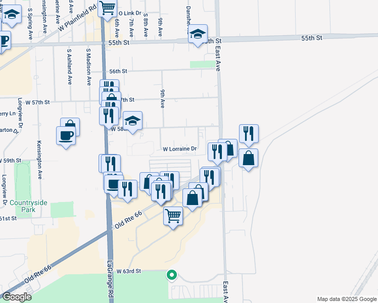 map of restaurants, bars, coffee shops, grocery stores, and more near 5812 Rose Avenue in Countryside