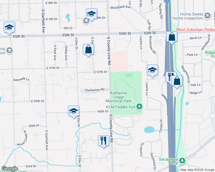 map of restaurants, bars, coffee shops, grocery stores, and more near 101 Chanticleer Lane in Hinsdale