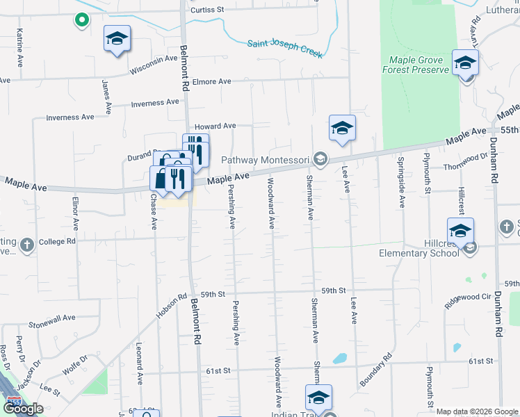 map of restaurants, bars, coffee shops, grocery stores, and more near 5604 Woodward Avenue in Downers Grove