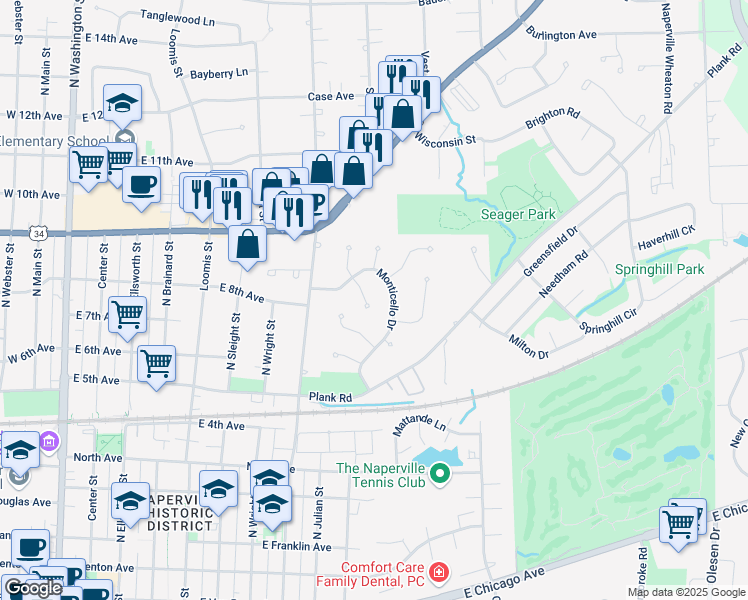 map of restaurants, bars, coffee shops, grocery stores, and more near 910 Monticello Drive in Naperville