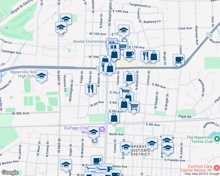 map of restaurants, bars, coffee shops, grocery stores, and more near 669 North Washington Street in Naperville