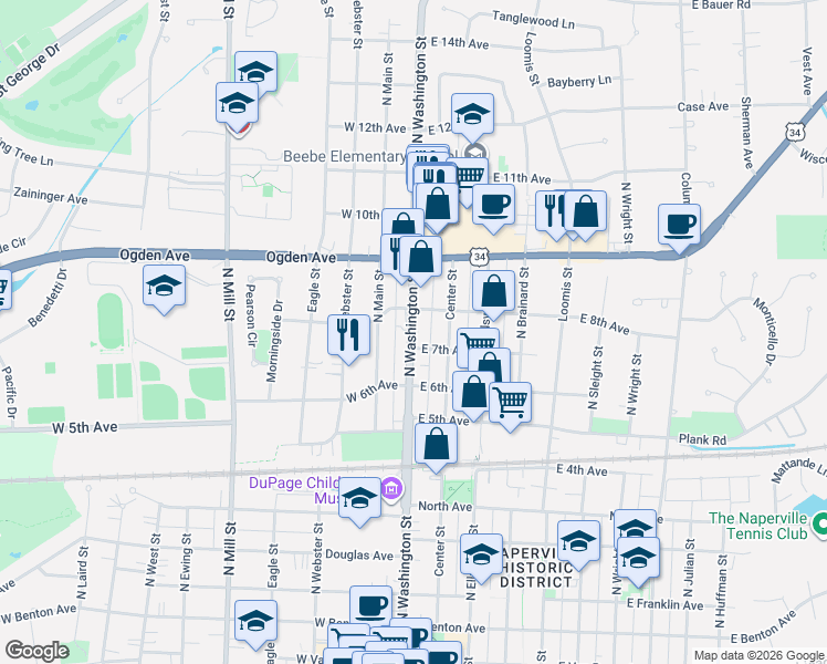 map of restaurants, bars, coffee shops, grocery stores, and more near 720 North Washington Street in Naperville