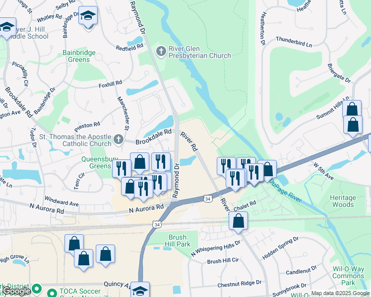 map of restaurants, bars, coffee shops, grocery stores, and more near 5S781 River Road in Naperville