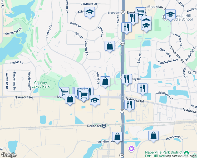 map of restaurants, bars, coffee shops, grocery stores, and more near 764 Inland Circle in Naperville
