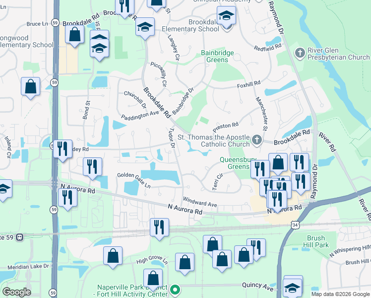 map of restaurants, bars, coffee shops, grocery stores, and more near 1716 Brookdale Road in Naperville