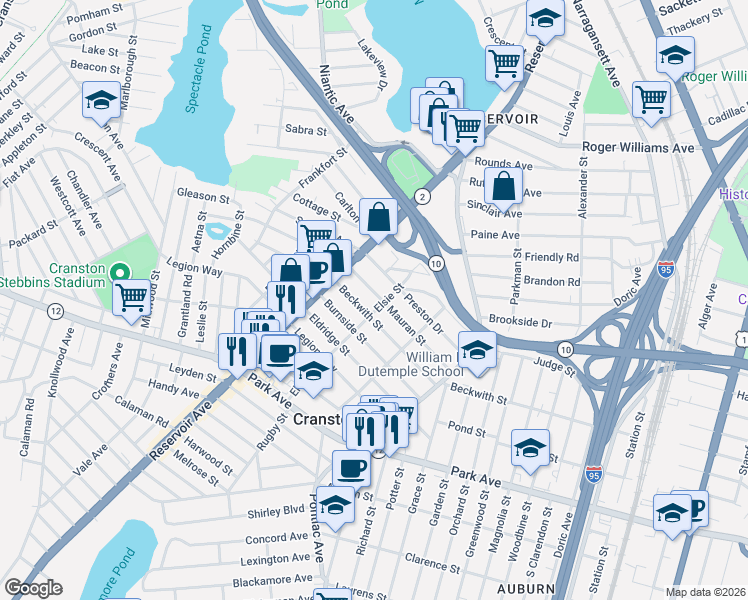 map of restaurants, bars, coffee shops, grocery stores, and more near 90 Preston Drive in Cranston