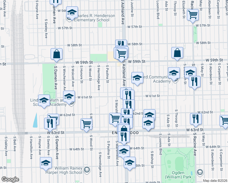 map of restaurants, bars, coffee shops, grocery stores, and more near 6042 South Marshfield Avenue in Chicago