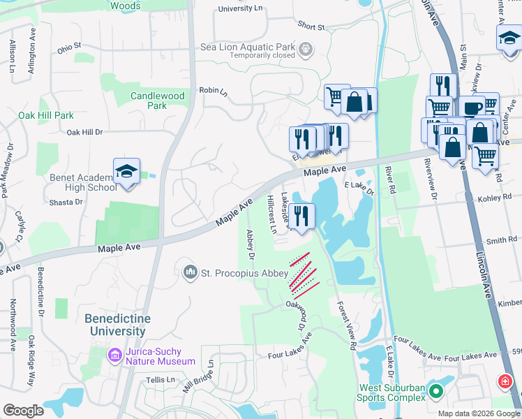 map of restaurants, bars, coffee shops, grocery stores, and more near 5550 Abbey Drive in Lisle
