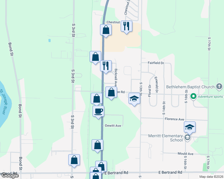 map of restaurants, bars, coffee shops, grocery stores, and more near 2319 Bicknell Avenue in Niles