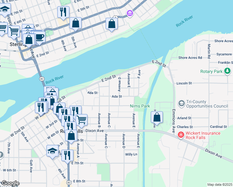 map of restaurants, bars, coffee shops, grocery stores, and more near 215 Avenue C in Rock Falls