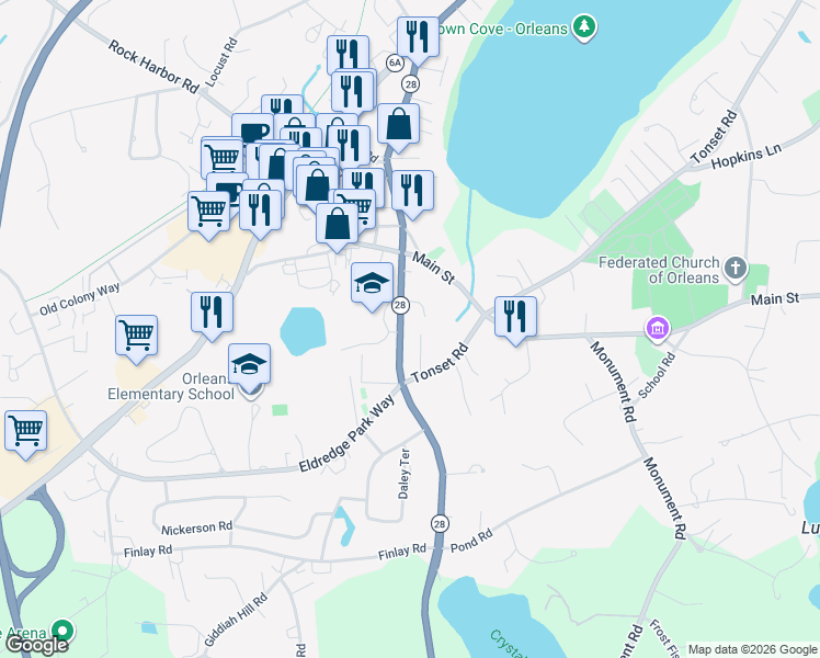 map of restaurants, bars, coffee shops, grocery stores, and more near 69 South Orleans Road in Orleans