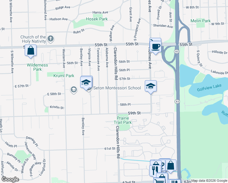 map of restaurants, bars, coffee shops, grocery stores, and more near 5728 Clarendon Hills Road in Clarendon Hills