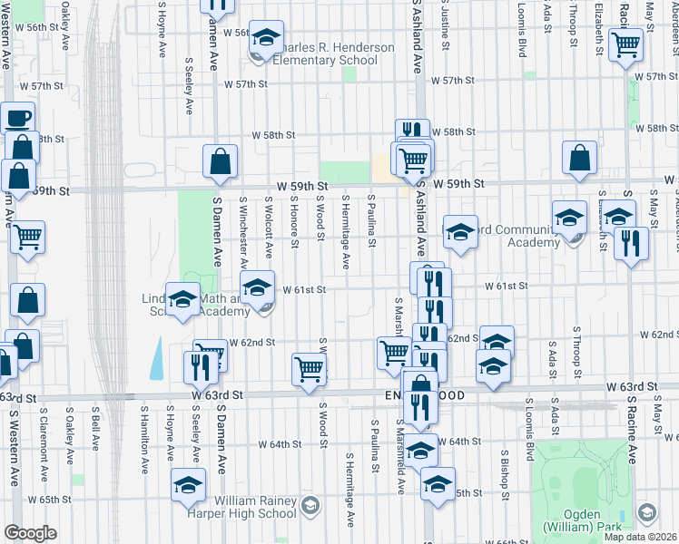 map of restaurants, bars, coffee shops, grocery stores, and more near 6029 South Wood Street in Chicago