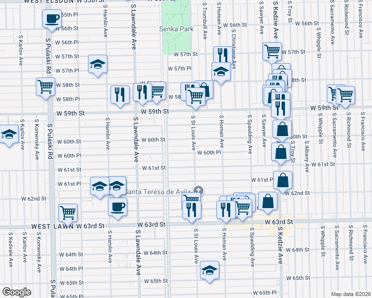 map of restaurants, bars, coffee shops, grocery stores, and more near 3509 West 60th Street in Chicago