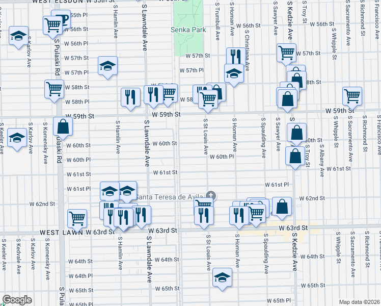 map of restaurants, bars, coffee shops, grocery stores, and more near 3549 West 60th Street in Chicago