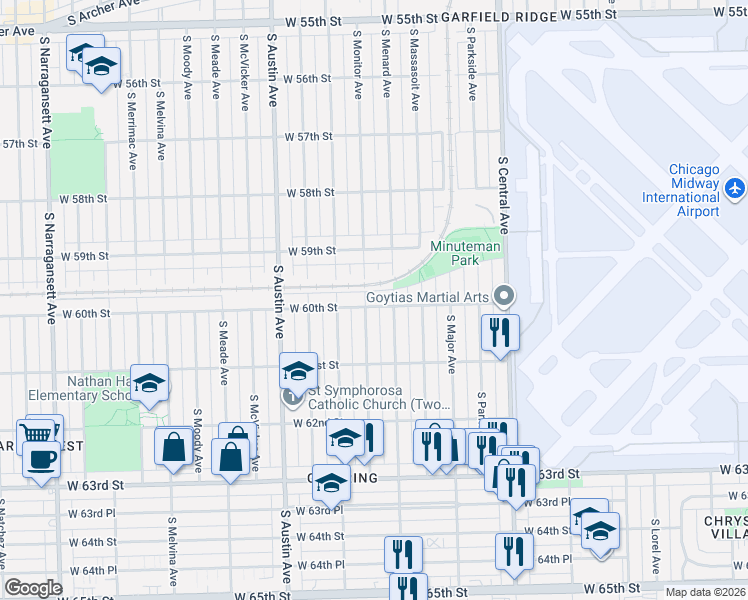 map of restaurants, bars, coffee shops, grocery stores, and more near 5818 West 60th Street in Chicago