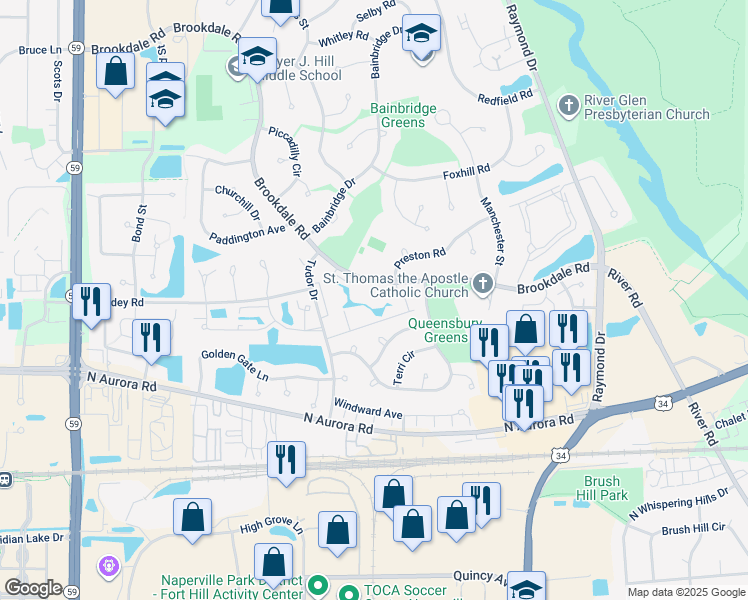 map of restaurants, bars, coffee shops, grocery stores, and more near 1652 Brookdale Road in Naperville